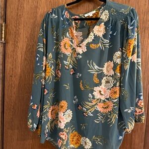 Elegant Floral Blouse - Teal and Orange